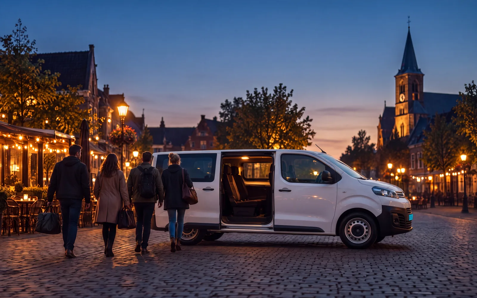 Illustratie: witte elektrische bus met schuifdeur open op een verlicht plein bij avond, vier reizigers van achteren lopen ernaartoe