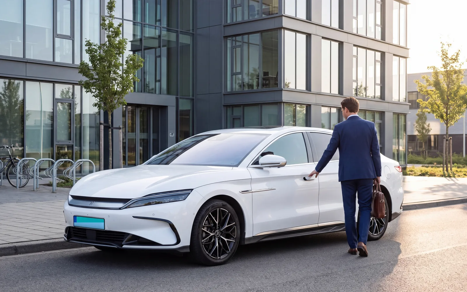 Illustratie: witte elektrische sedan bij een kantoorpand in de ochtend, een zakenreiziger met tas stapt in