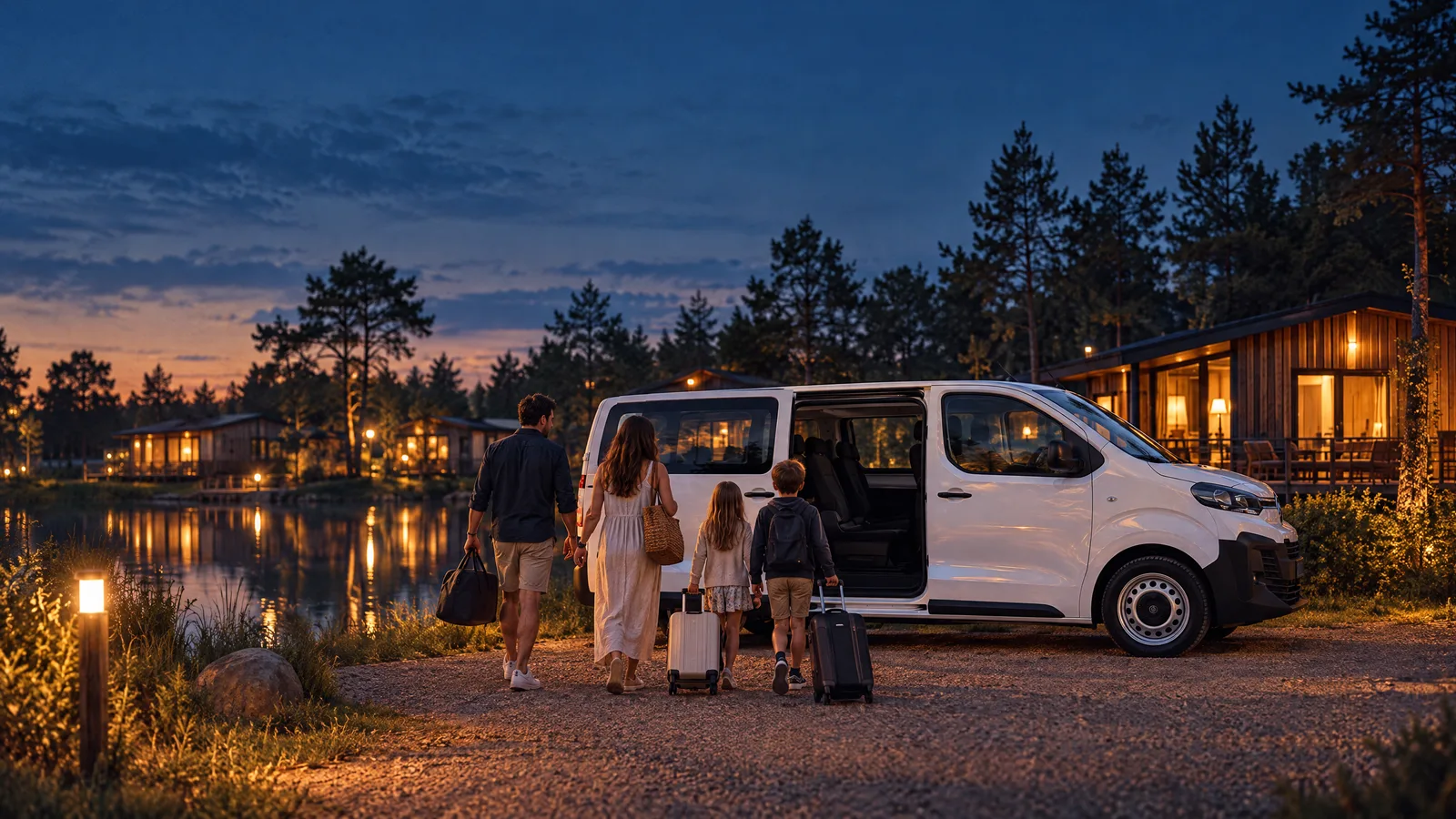 Illustratie: entree van vakantiepark EuroParcs Hommelheide bij avond