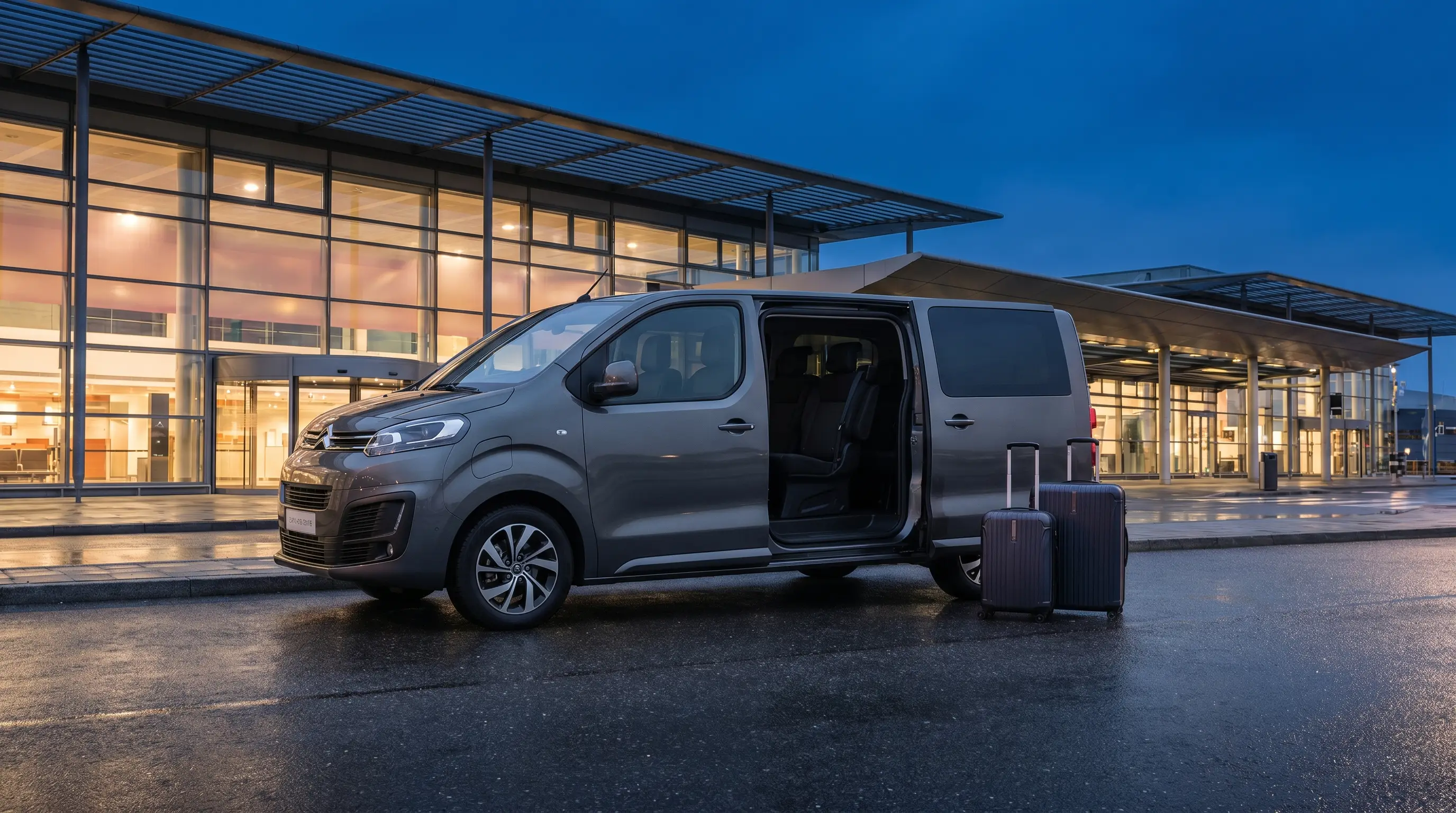 Elektrische 8-persoons taxibus bij de luchthaventerminal in de vroege ochtend