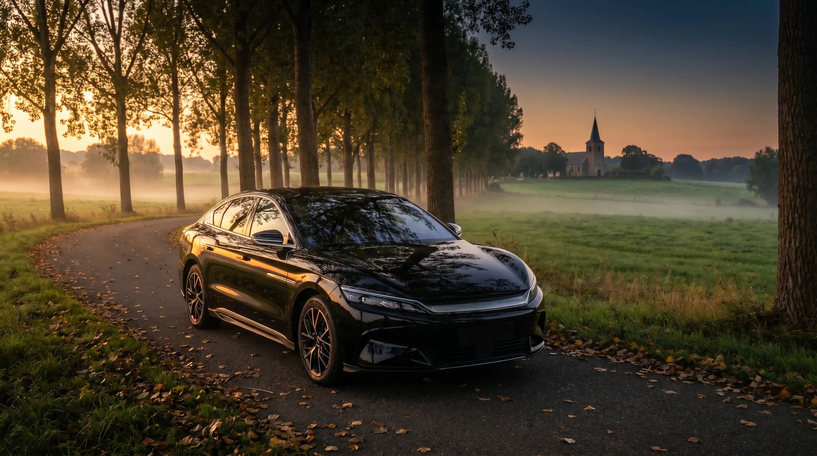 Zwarte elektrische BYD Han sedan op een landweg in Limburg bij zonsondergang